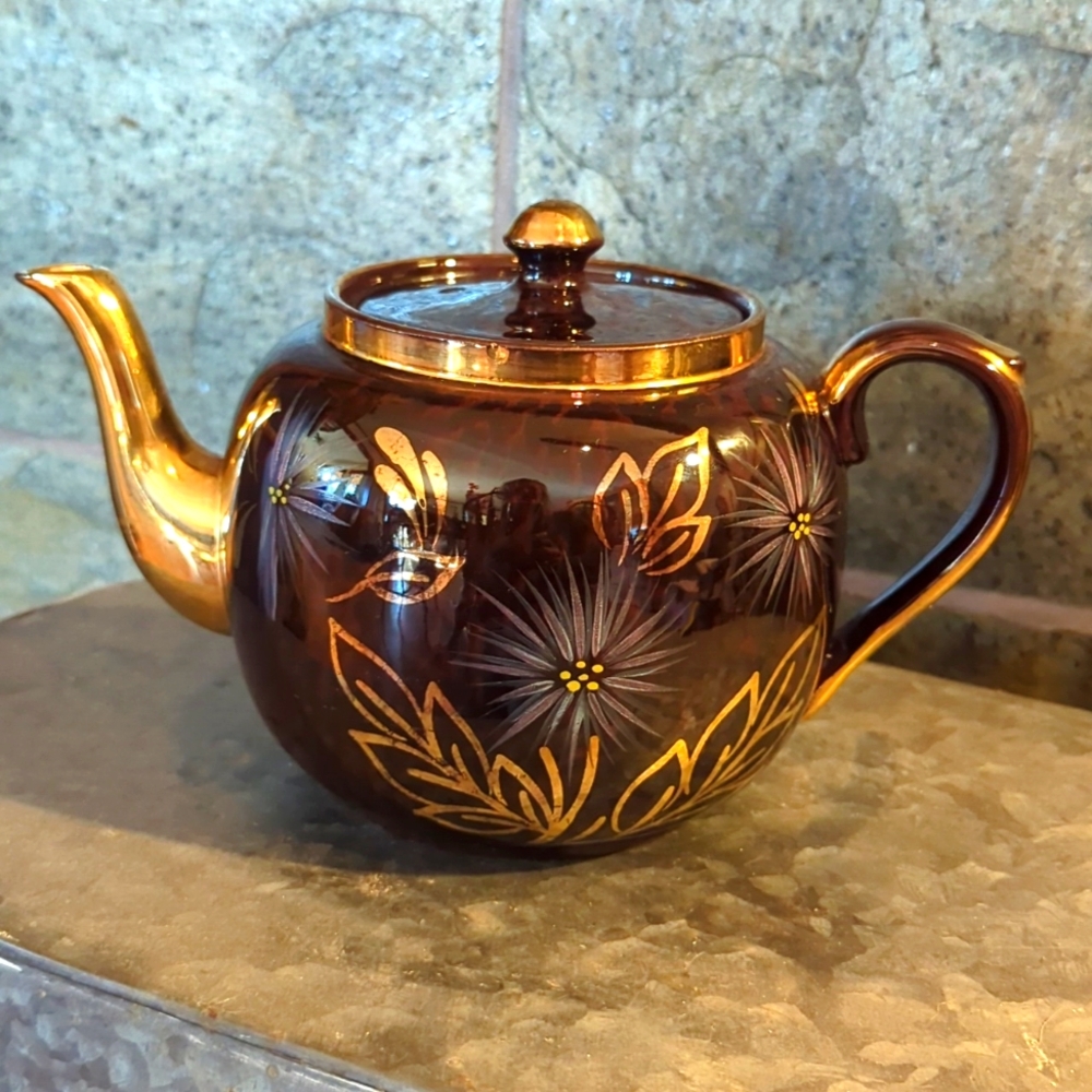 Vintage Gibson's floral, hand painted Brown and Gold Teapot